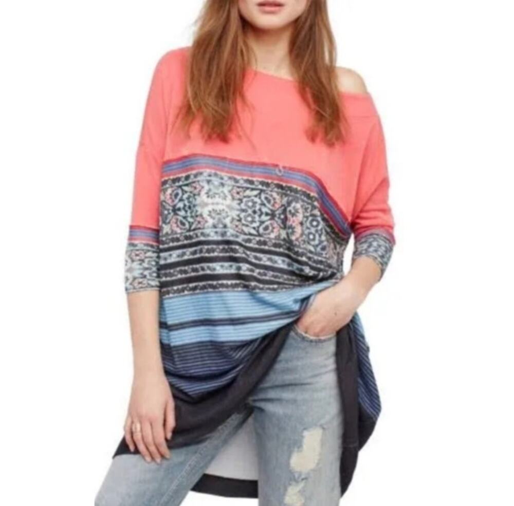 Free People Steppin Out Blue & Pink Printed Shift Dress Women's Small
